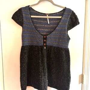 Free People Blue and Black Cap Sleeve Knit Top